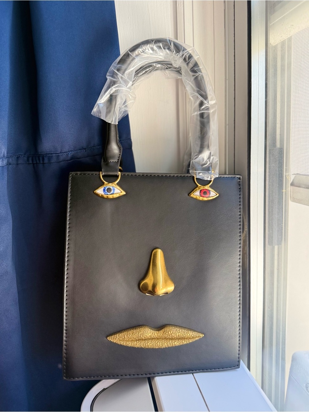Schiaparelli Inspired Black Color Face Tote Bag with Gold Accents